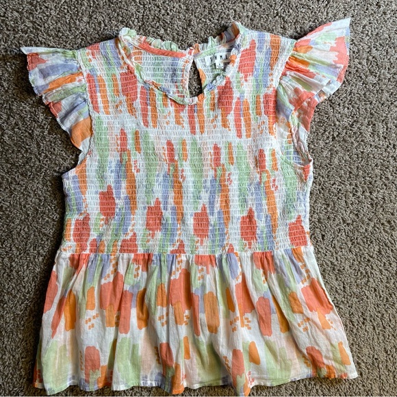 THML Anthropologie womens small ruffle sleeve blouse smocked cotton colorful - Picture 1 of 7